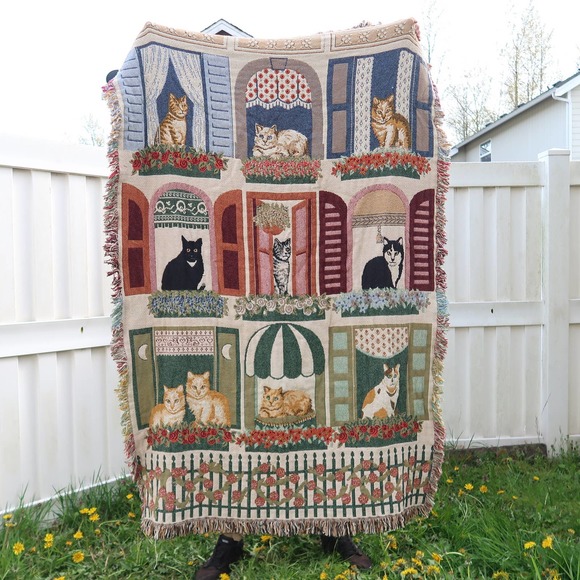 Vintage Other - Vintage 90s multicolor cats in windows woven tapestry blanket